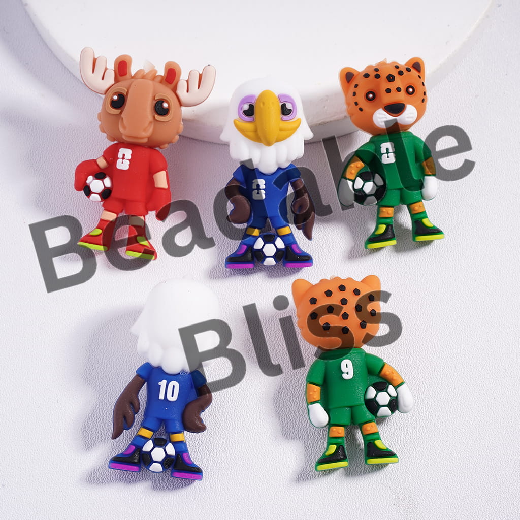 Five animal-themed figurines in sports jerseys on a white background with 'Bacache Bliss' branding.