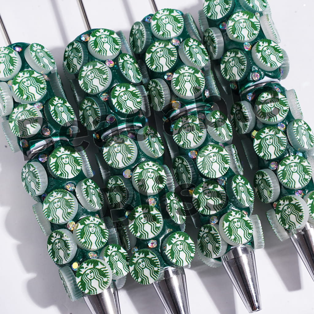 Coffee and AB Rhinestones Beadable Clay Pens, Green Pen Base
