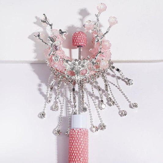 Pink Crescent Moon Fabric Acrylic Beads w Clear Rhinestone Tassel, Metal Fox Mask & Branch w UV-Coated Peach Flower Butterfly, Dragonfly w Heart Rhinestone and White Pearl