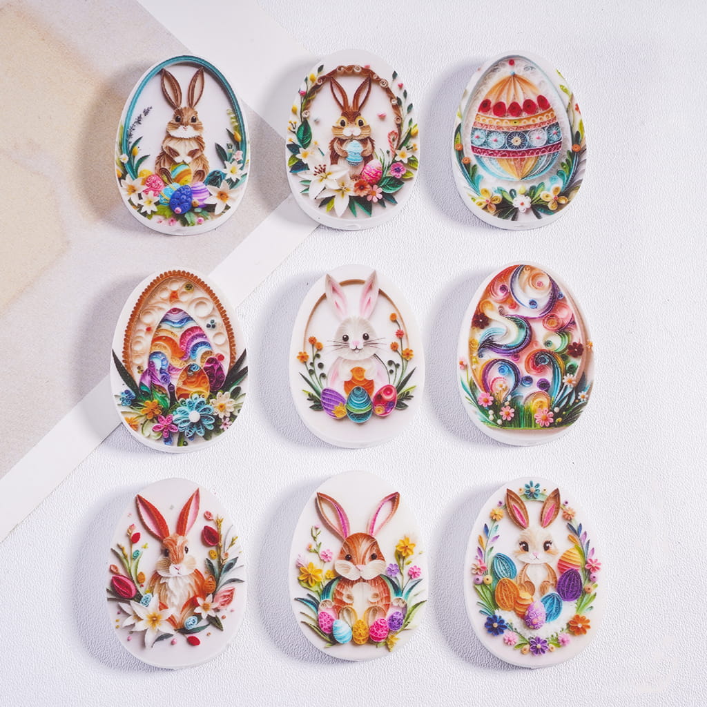 Decorative Easter eggs with colorful bunny designs on a white background