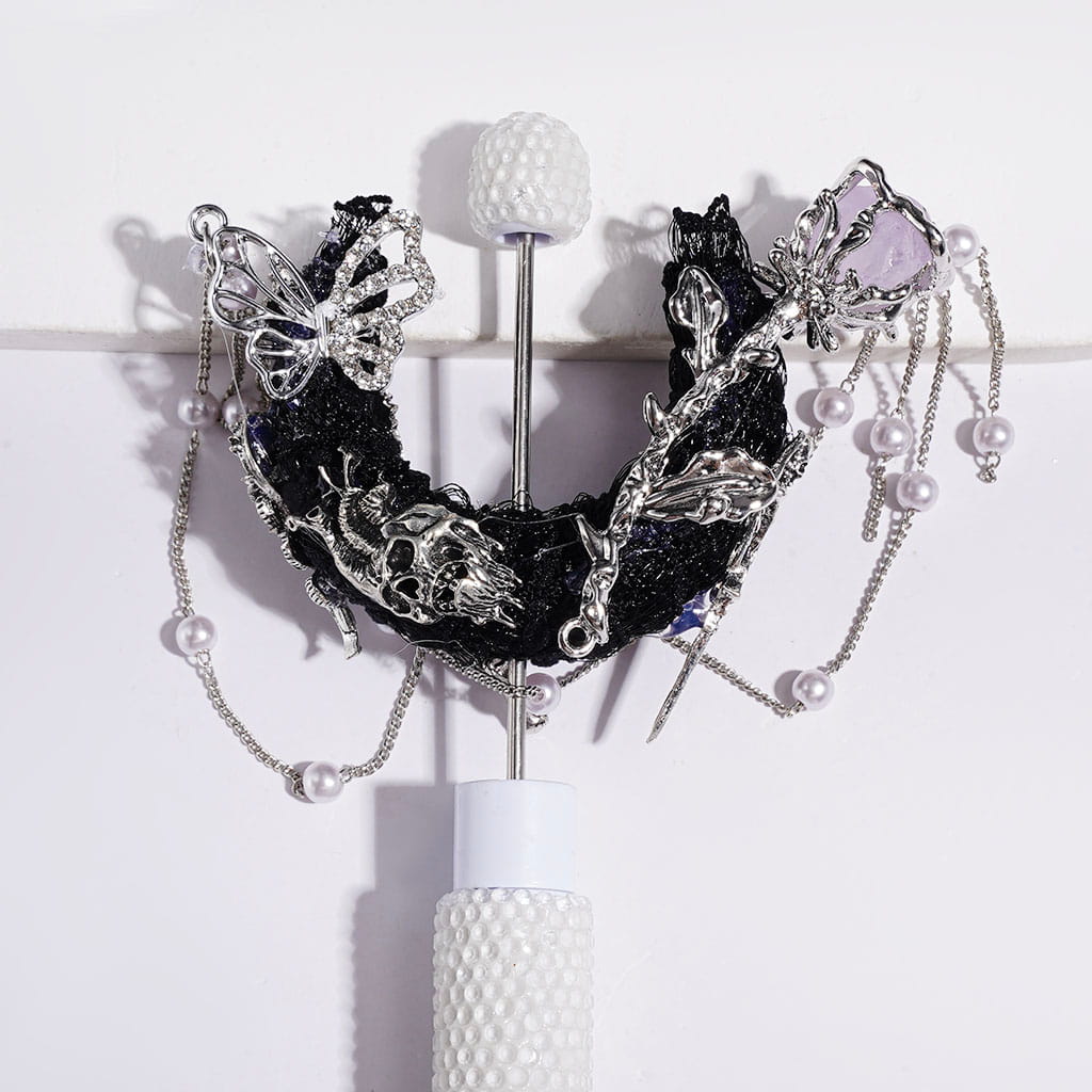 Gothic Black Crescent Moon Fabric Acrylic Beads, Metal Skull Star Flower Butterfly with Rhinestone, Silver Chain with White Pearl