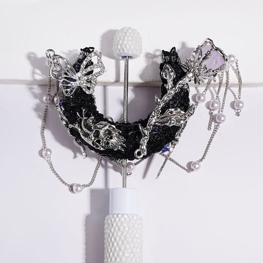 Gothic Black Crescent Moon Fabric Acrylic Beads, Metal Skull Star Flower Butterfly with Rhinestone, Silver Chain with White Pearl