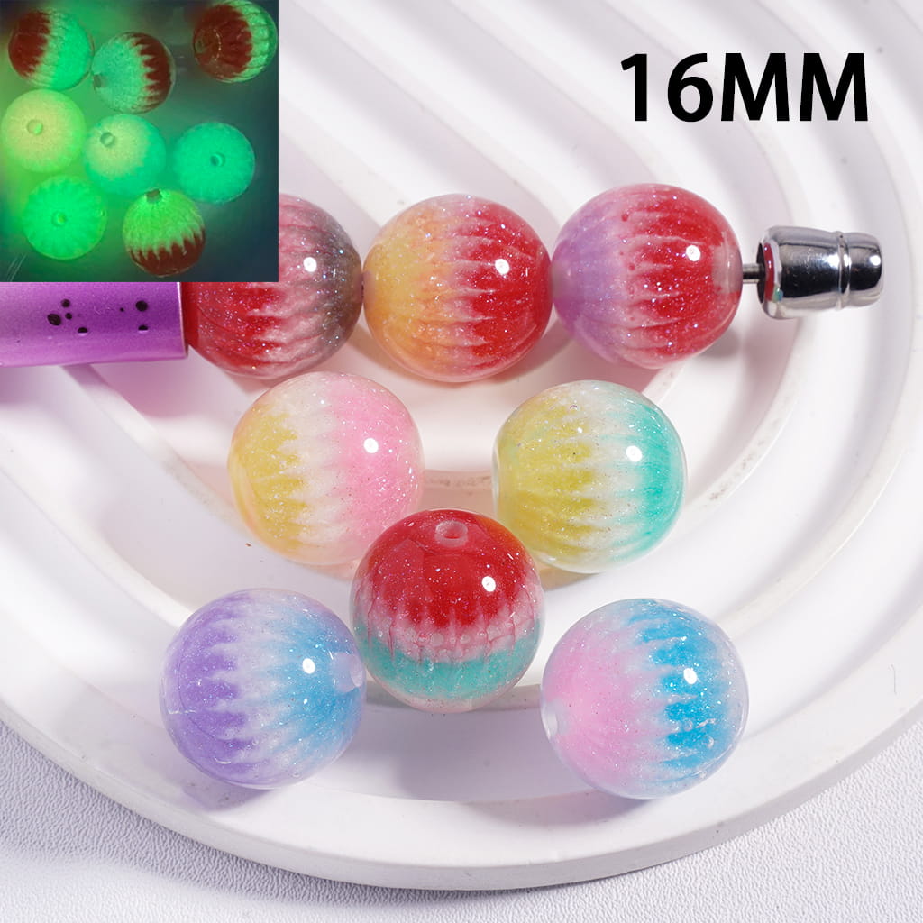 Acrylic Beads for Bracelets Luminous Round with Glitter and Three Ombre Colors, 16MM, Random Mix