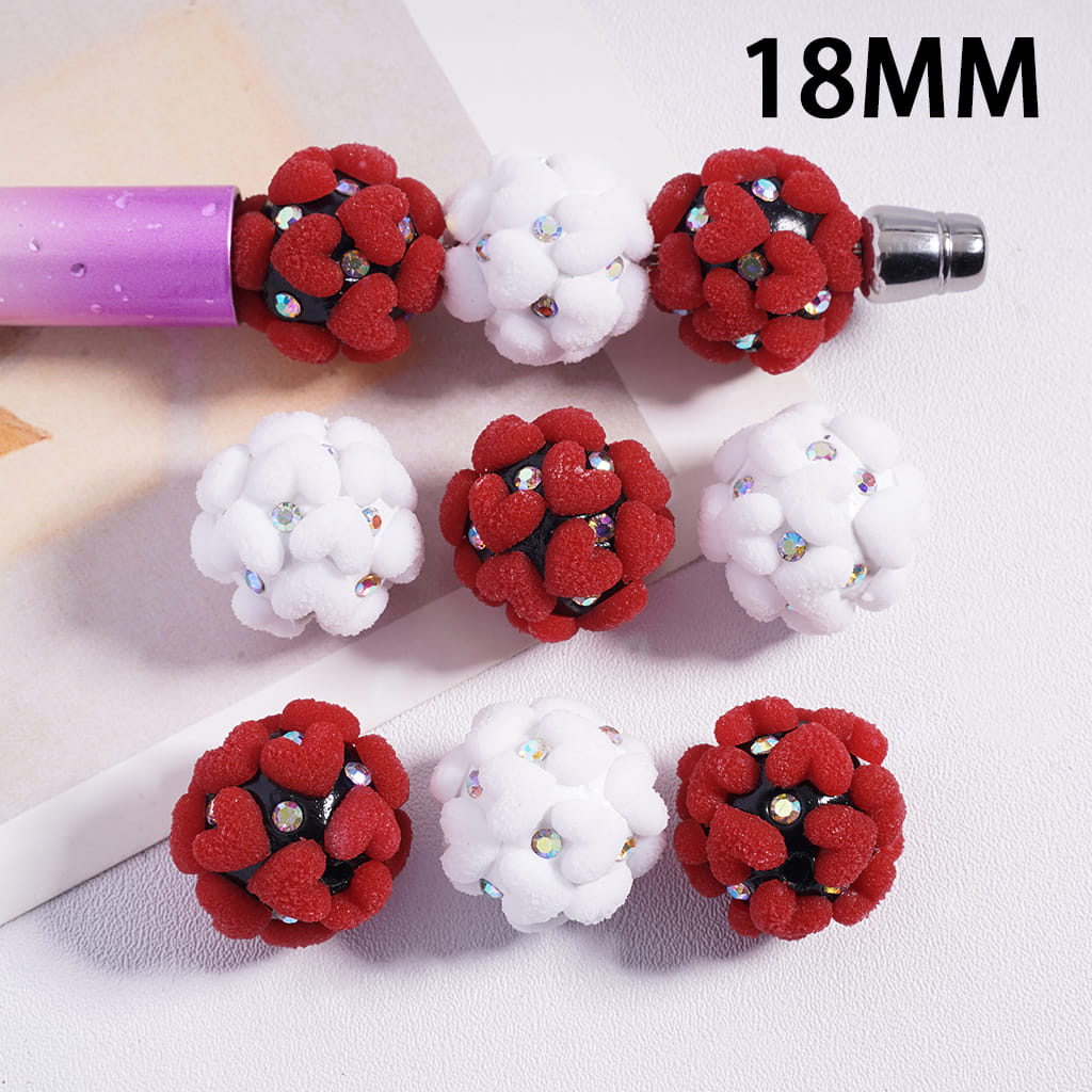 Decorative beads in red and white with gemstones on a white background, labeled '18MM'.