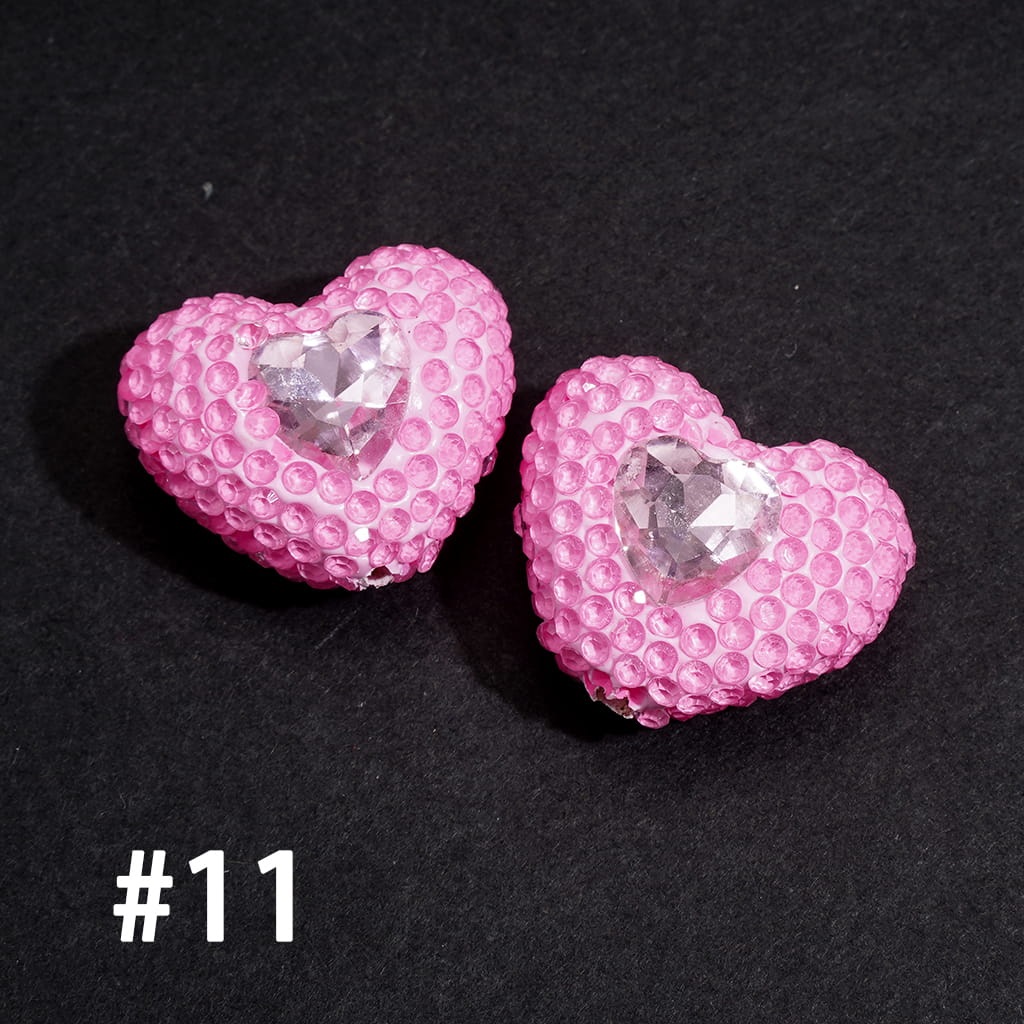 Clay Beads Heart with Rhinestones and Pink Mini Heart, Fluorescent Colors, 19*24MM