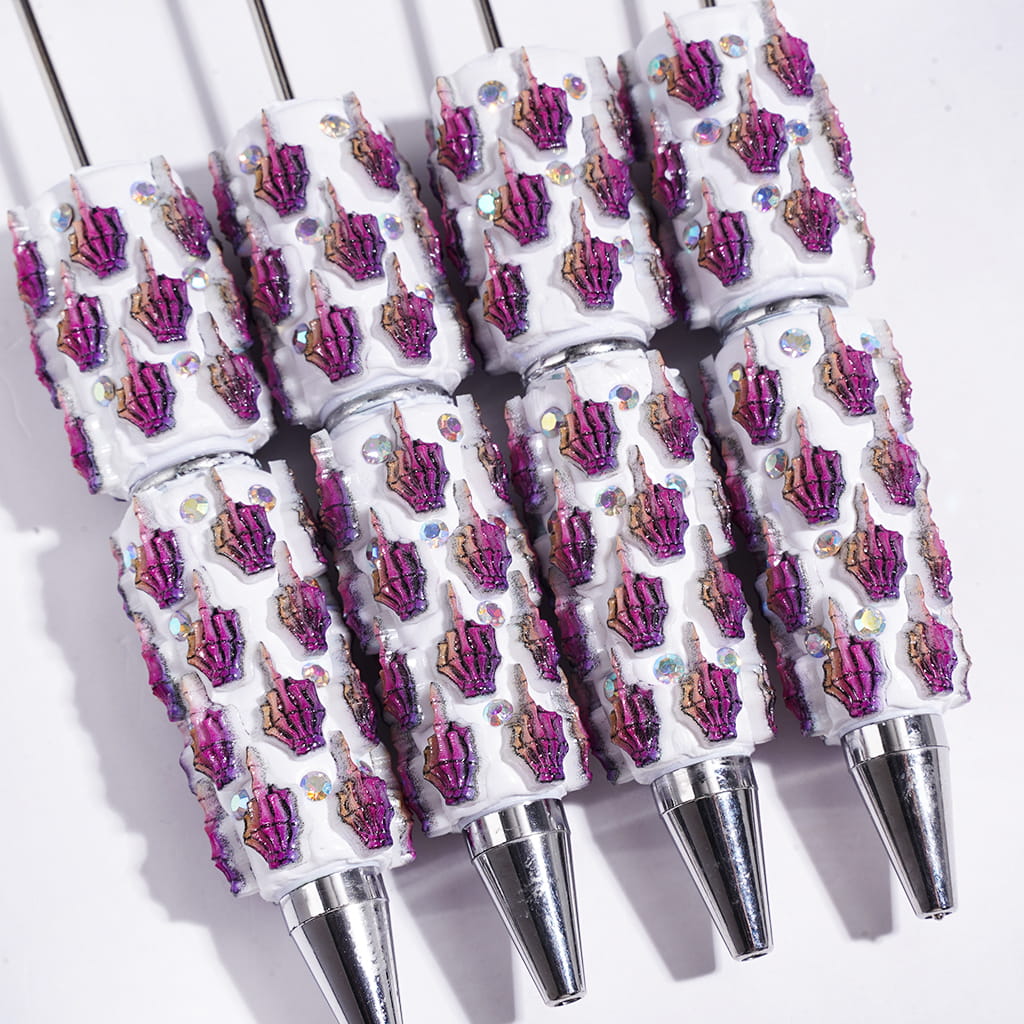 Halloween Beadable Clay Pens with Purple Skull Hand and AB Rhinestones