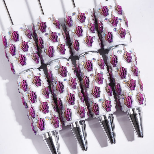 Halloween Beadable Clay Pens with Purple Skull Hand and AB Rhinestones