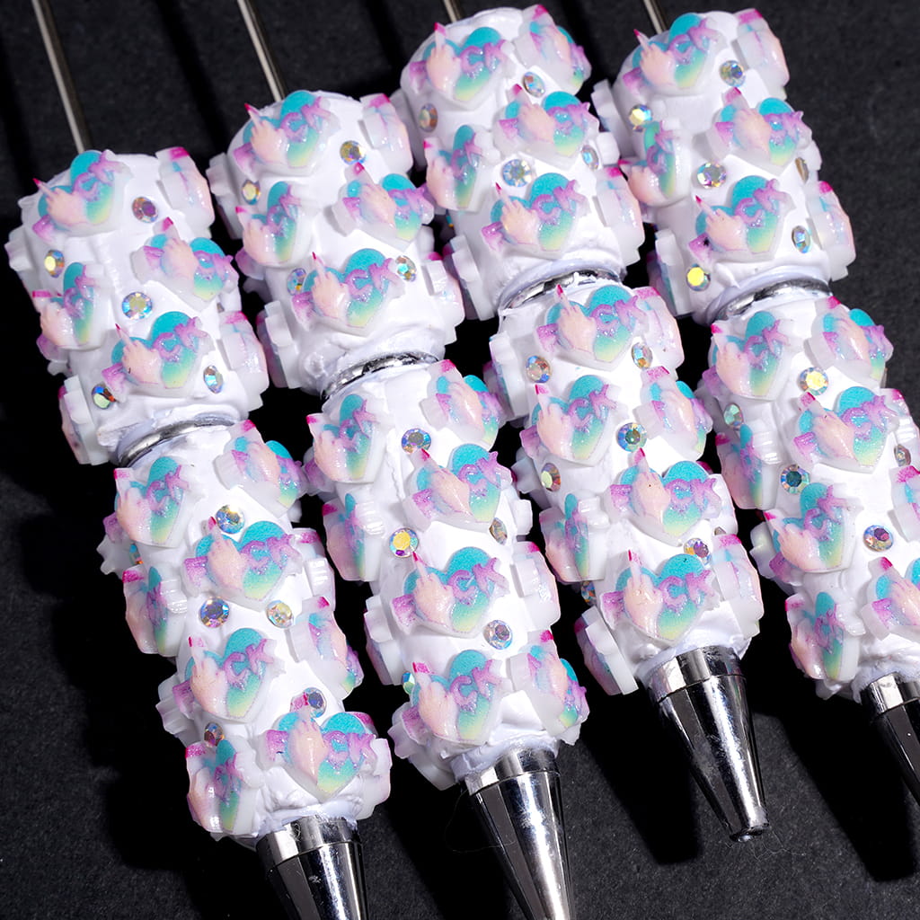 AB Rhinestones and Blue Purple Ombre Colors Heart with Hand and Humor Text Beadable Clay Pens