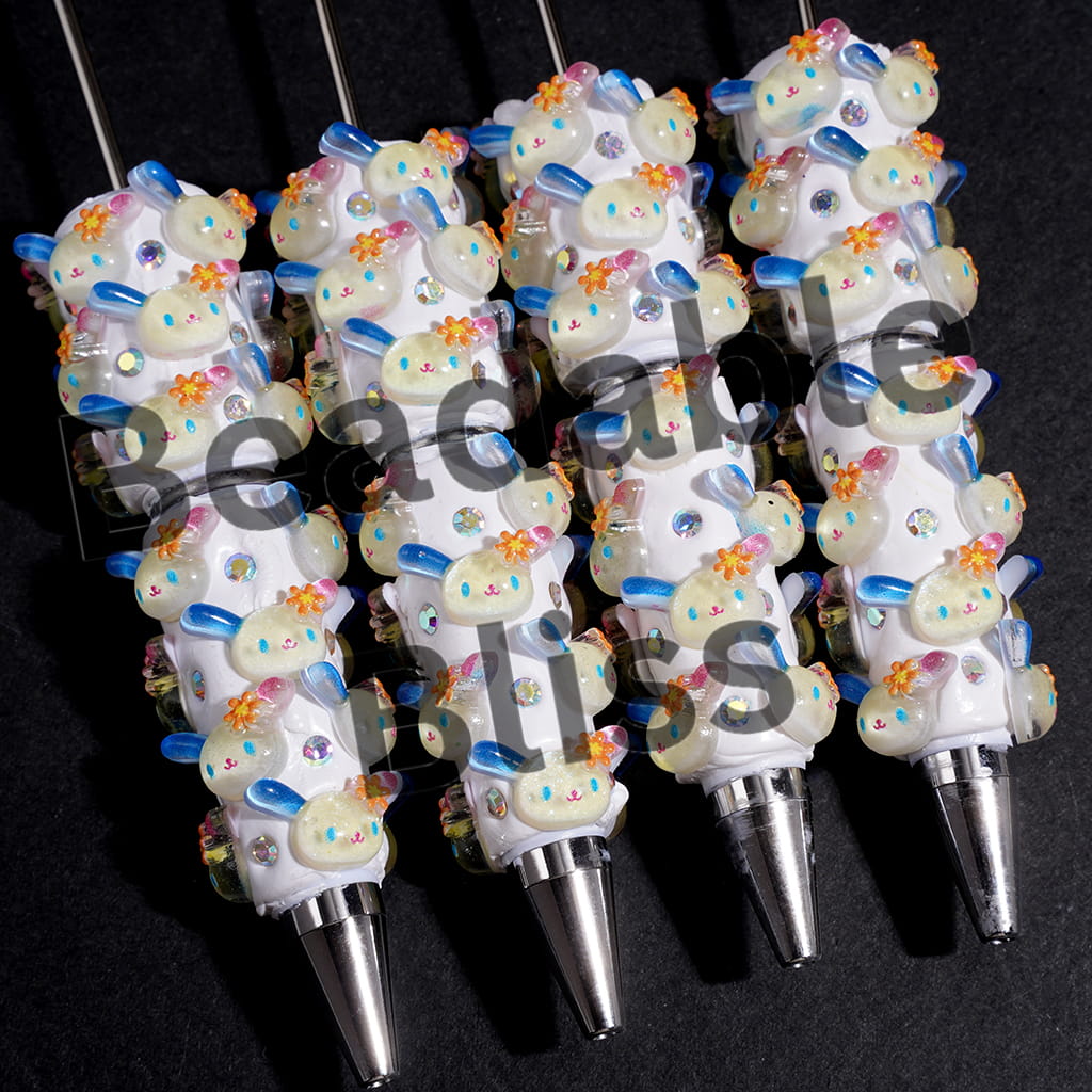 Beadable Clay Pens with AB Rhinestones and Glittery Sakura Bunny Head