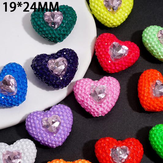 Clay Beads Heart with Rhinestones and Pink Mini Heart, Fluorescent Colors, 19*24MM
