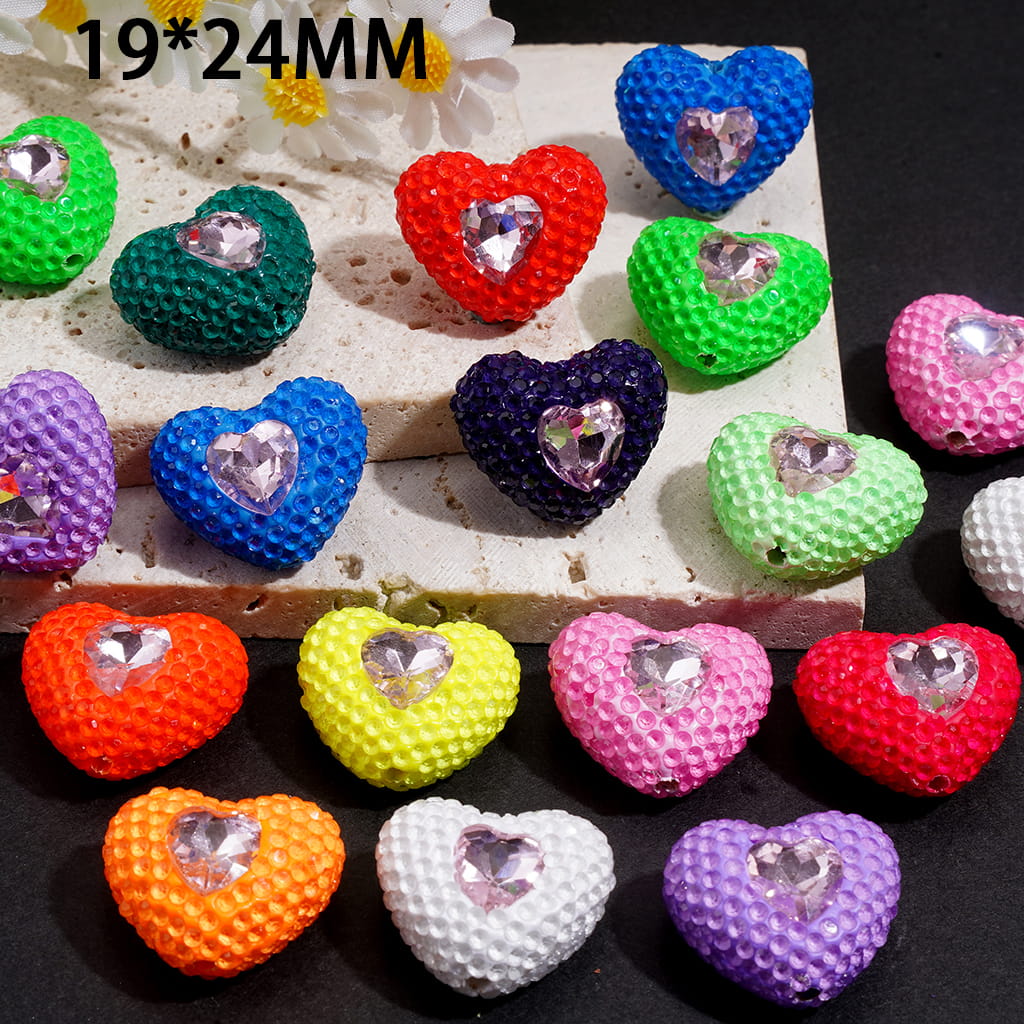 Clay Beads Heart with Rhinestones and Pink Mini Heart, Fluorescent Colors, 19*24MM