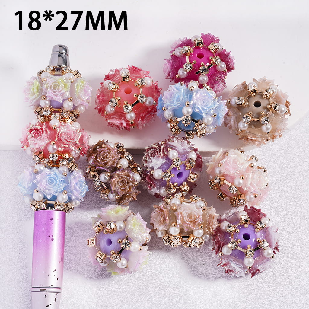 Decorative beads with floral and pearl designs on a white background, size 18*27MM.