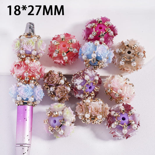 Acrylic Beads w Ombre Color Glittery Rose Flowers & White Pearls, 18*27MM, Silver & Gold Metal Chains w Rhinestones