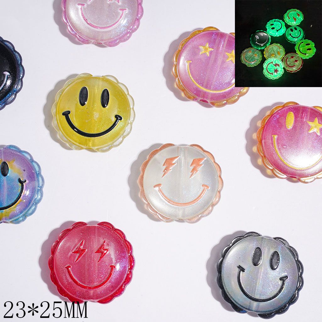 Luminous Acrylic Beads with Glitter and Smiling Face, Wavy Edged Flat Round Shape, 23*25MM, Multi-Color Random Mix