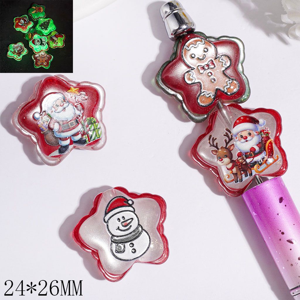 Luminous Acrylic Beads Christmas w Santa Claus Snowman Tree Reindeer Gingerbread Man Stocking Bell & Glitter, Wavy Edged Star Shape, 24*26MM, Multi-Color Random Mix