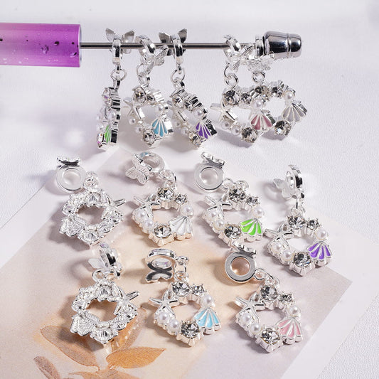 Silver Alloy Bail Beads with Butterfly, Charm Pendant Ring with Starfish & White Pearls & Shell & Clear Rhinestones, Multi-Color, Random Mix