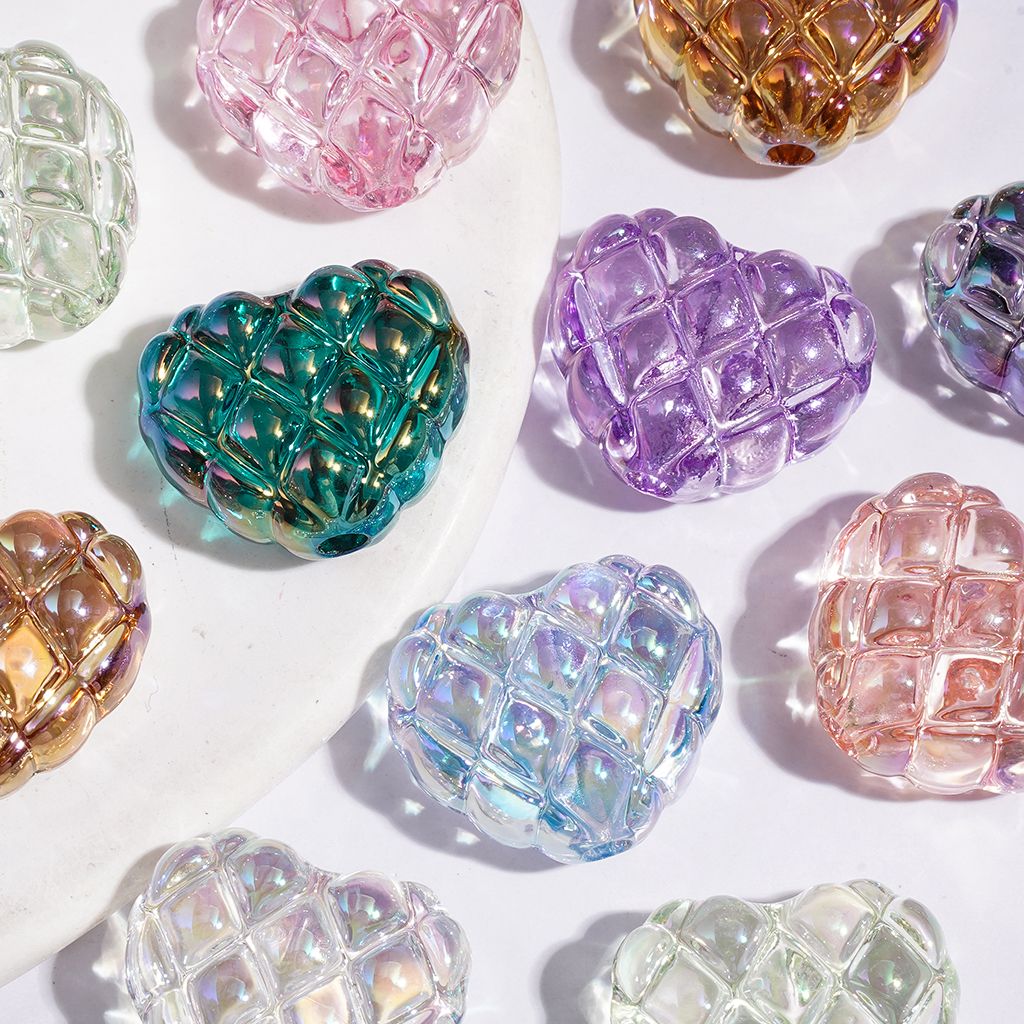 Heart with Diamond Pattern UV-Coated Acrylic Beads, Semi-Clear, 17*20MM Multi-Color Random Mix