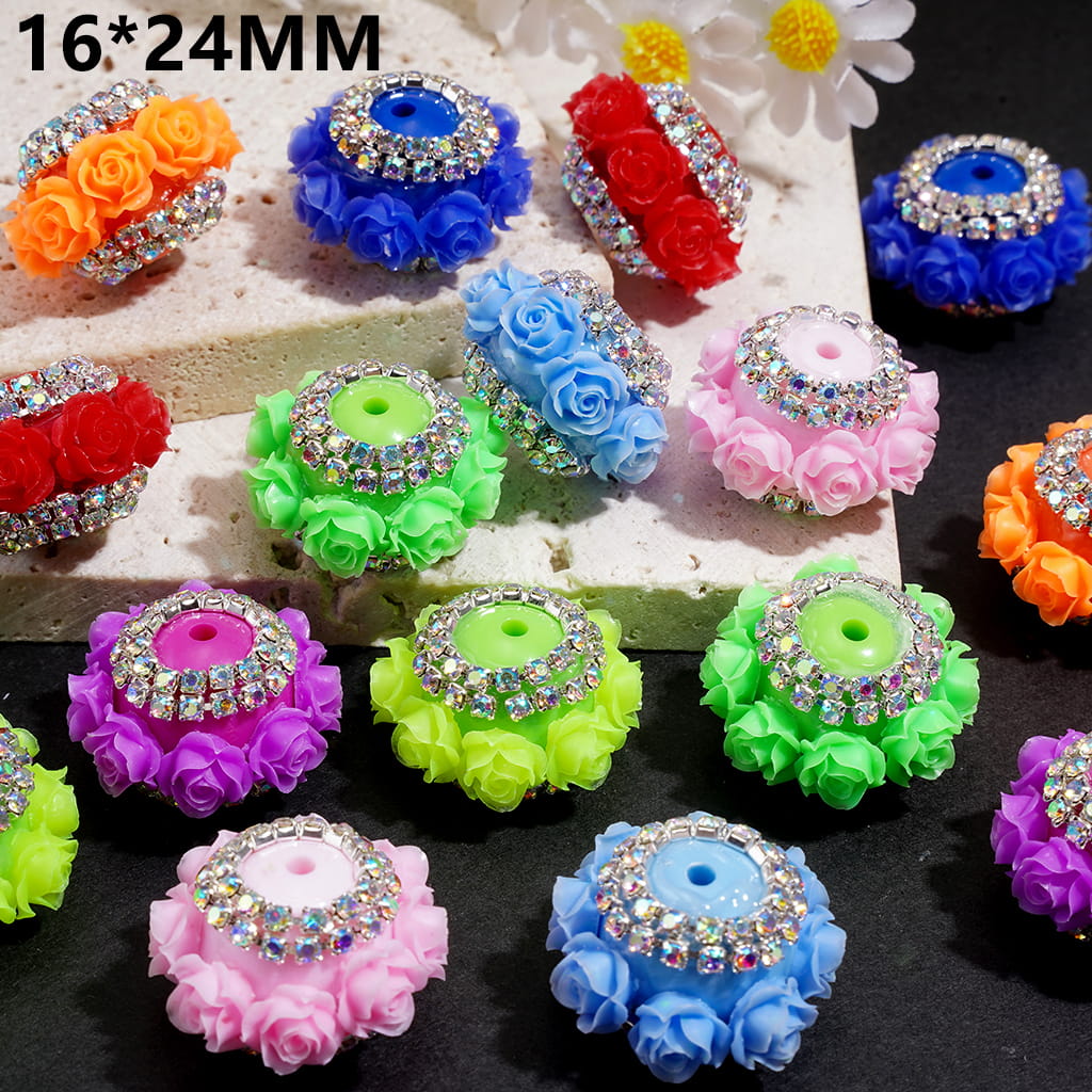 Handmade Acrylic Beads with Rose Flowers, Silver Alloy Chains w Clear Rhinestones, 16*24MM, Neon, Random Mix