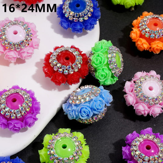 Handmade Acrylic Beads with Rose Flowers, Silver Alloy Chains w Clear Rhinestones, 16*24MM, Neon, Random Mix
