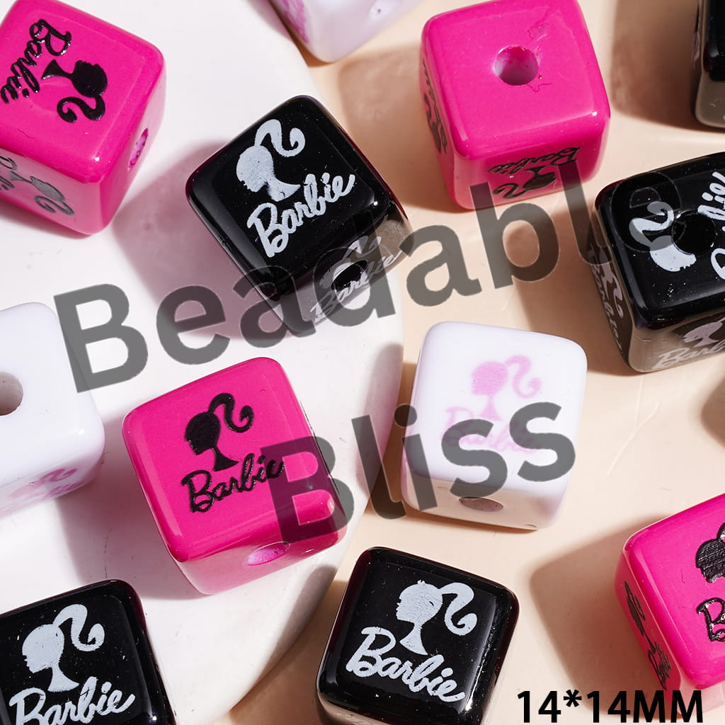 Fashion Doll Acrylic Beads, Cube Square Shape, 14*14MM, Barbie Pink & White & Black, Random Mix