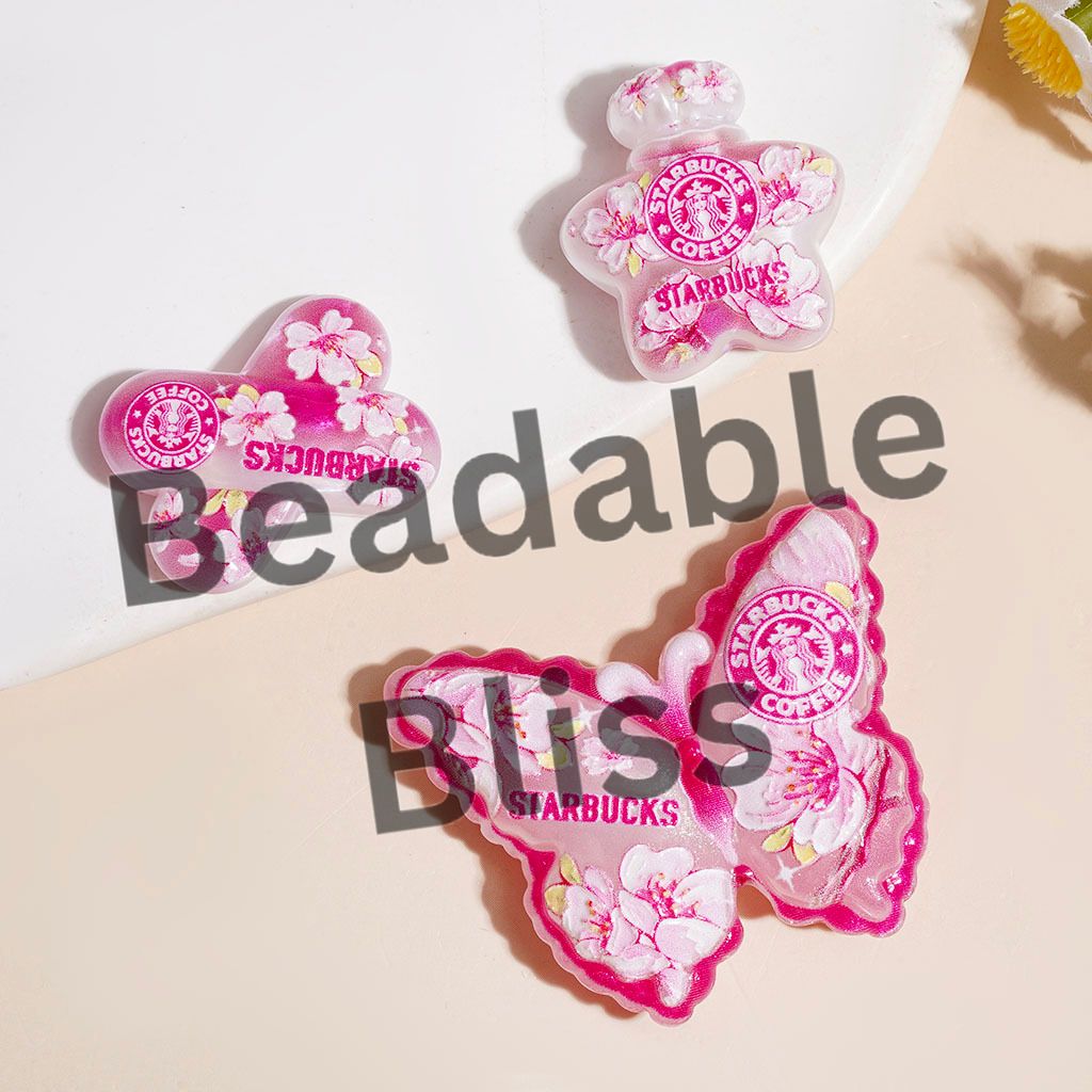 Acrylic Beads and Pendants Coffee Series with Magnolia Flower in Pink, Random Mix