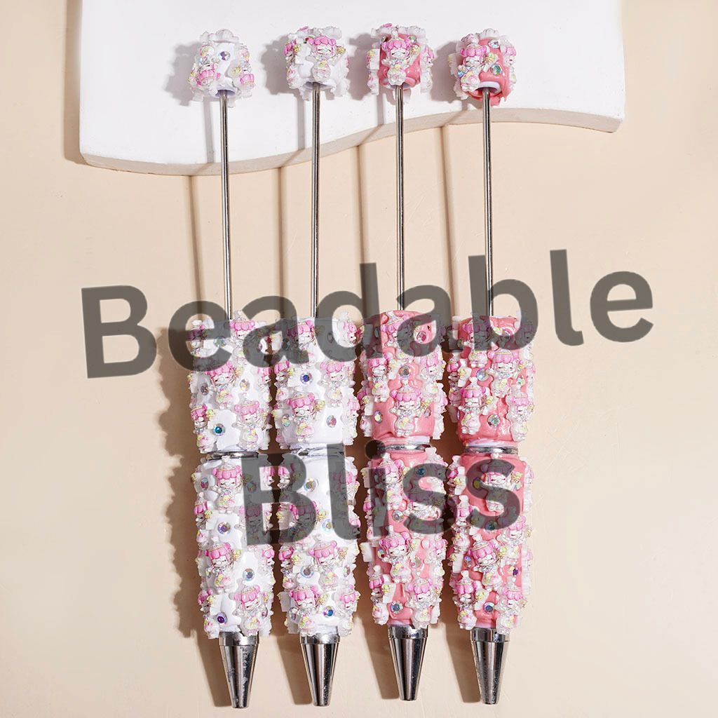 Beadable Clay Pens Girl with Pink Hair Blowing Bubbles and AB Rhinestones, Pink White Background