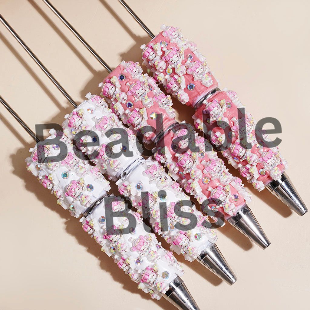 Beadable Clay Pens Girl with Pink Hair Blowing Bubbles and AB Rhinestones, Pink White Background