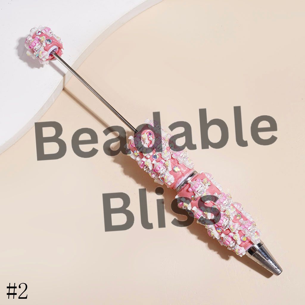 Beadable Clay Pens Girl with Pink Hair Blowing Bubbles and AB Rhinestones, Pink White Background