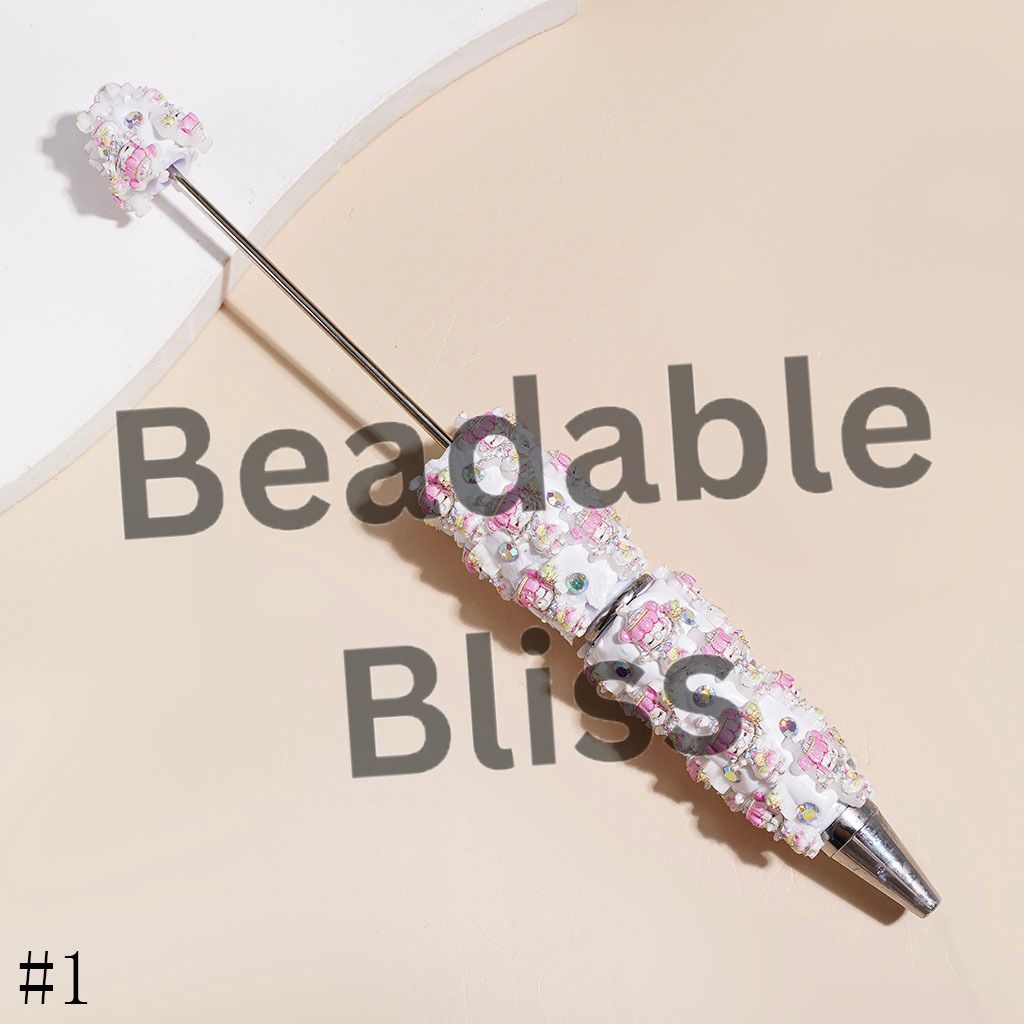 Beadable Clay Pens Girl with Pink Hair Blowing Bubbles and AB Rhinestones, Pink White Background