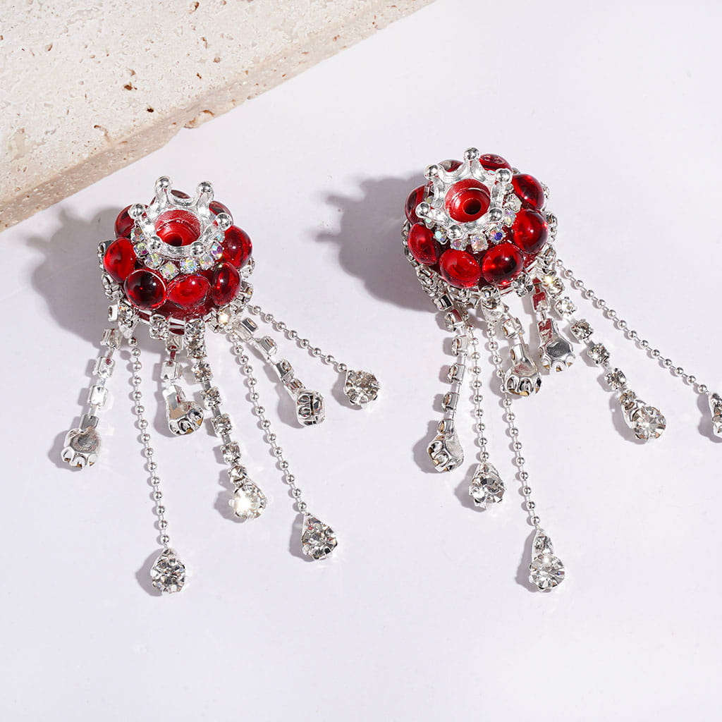 Handmade Acrylic Beads with Silver Metal Crown & Flower Base & Half-Shell Round, AB Rhinestone Chains & Clear Rhinestone Tassel, Multi-Color