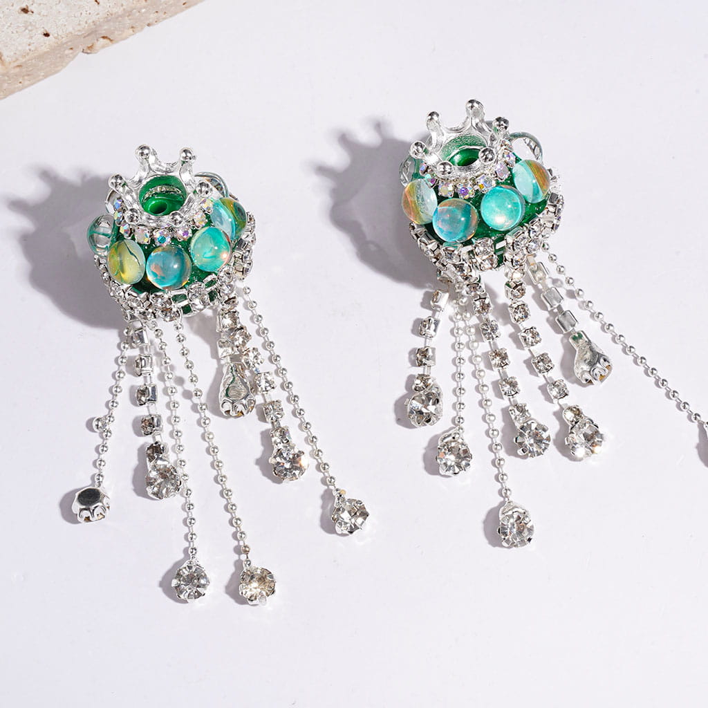 Handmade Acrylic Beads with Silver Metal Crown & Flower Base & Half-Shell Round, AB Rhinestone Chains & Clear Rhinestone Tassel, Multi-Color
