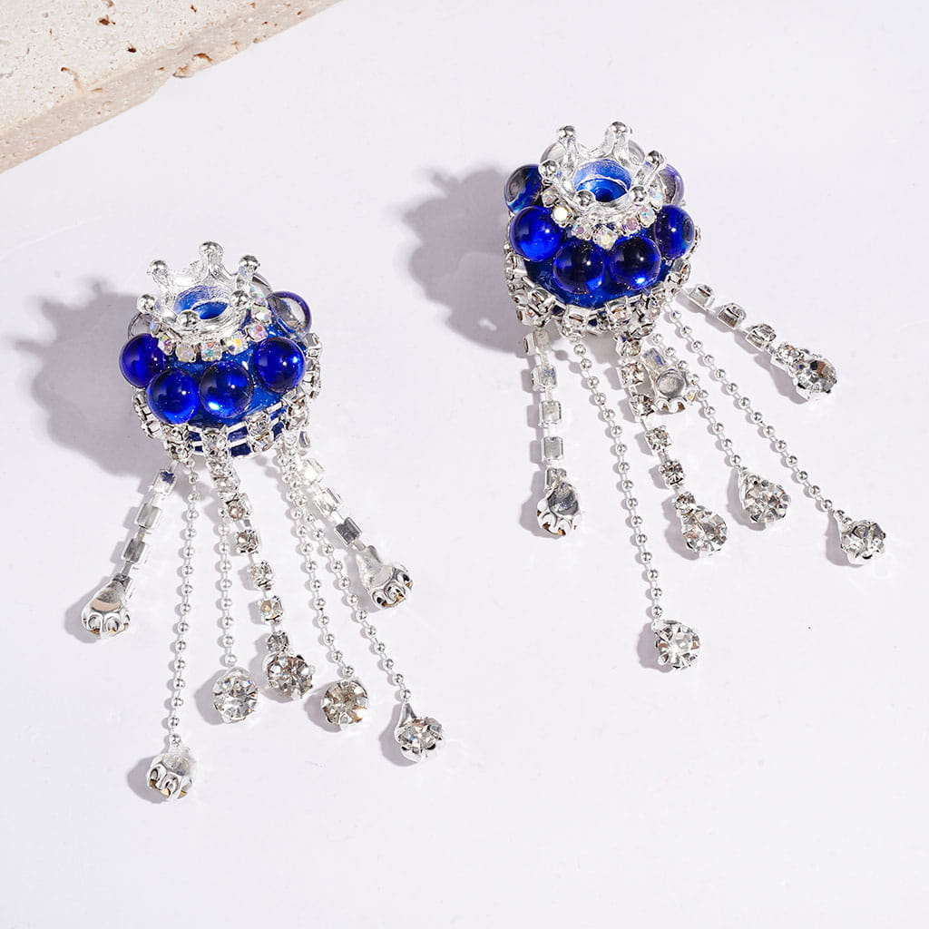 Handmade Acrylic Beads with Silver Metal Crown & Flower Base & Half-Shell Round, AB Rhinestone Chains & Clear Rhinestone Tassel, Multi-Color