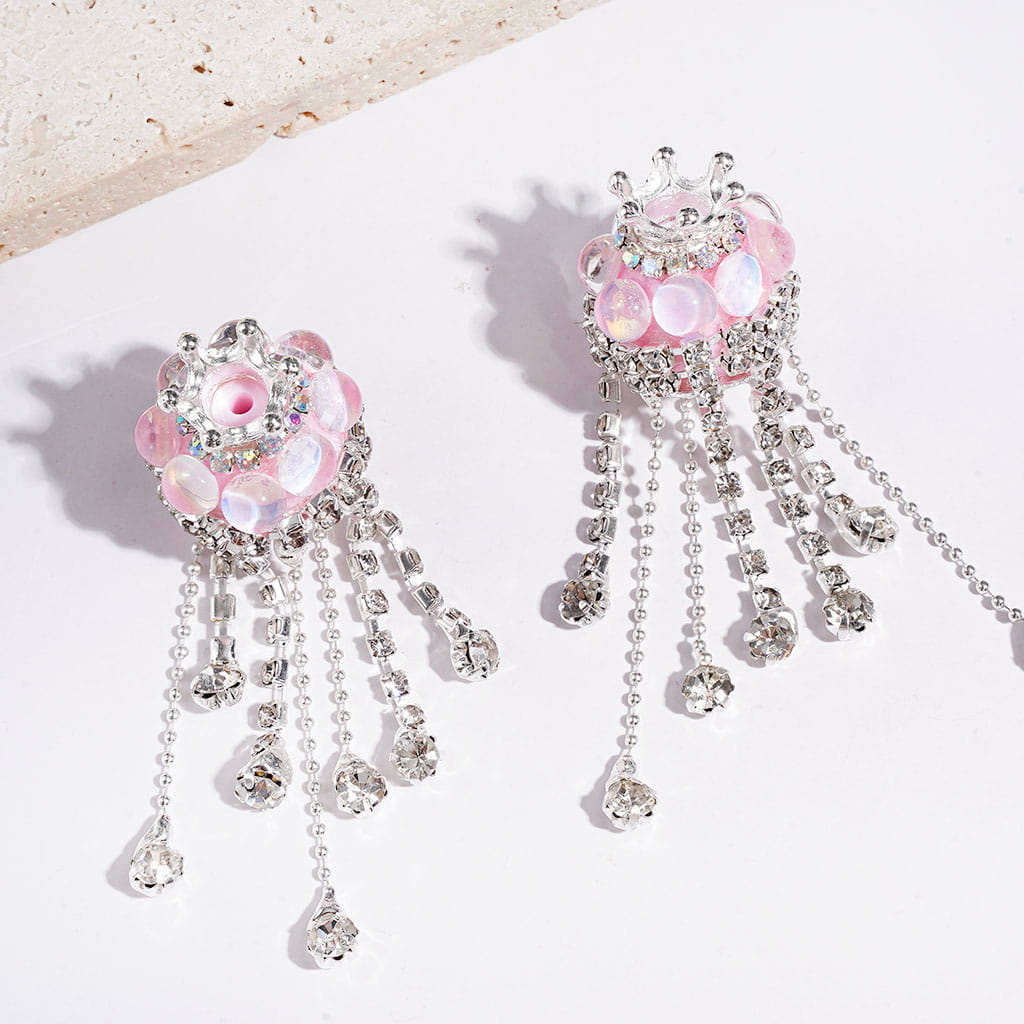 Handmade Acrylic Beads with Silver Metal Crown & Flower Base & Half-Shell Round, AB Rhinestone Chains & Clear Rhinestone Tassel, Multi-Color