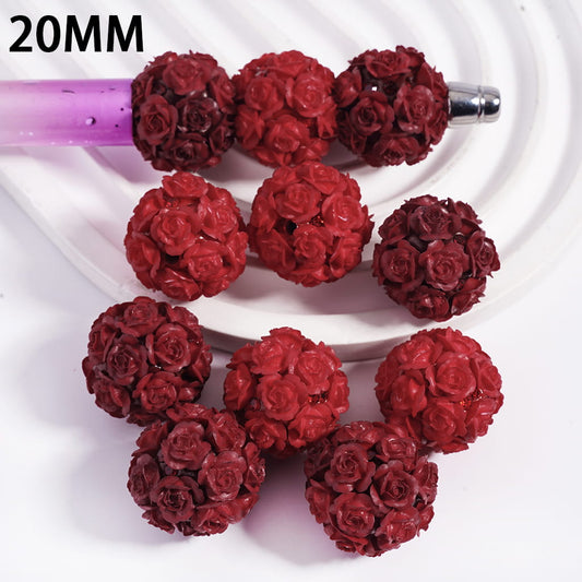 Clay Beads with Rose Flowers and Rhinestones Valentine's Day, 20MM, Red Series