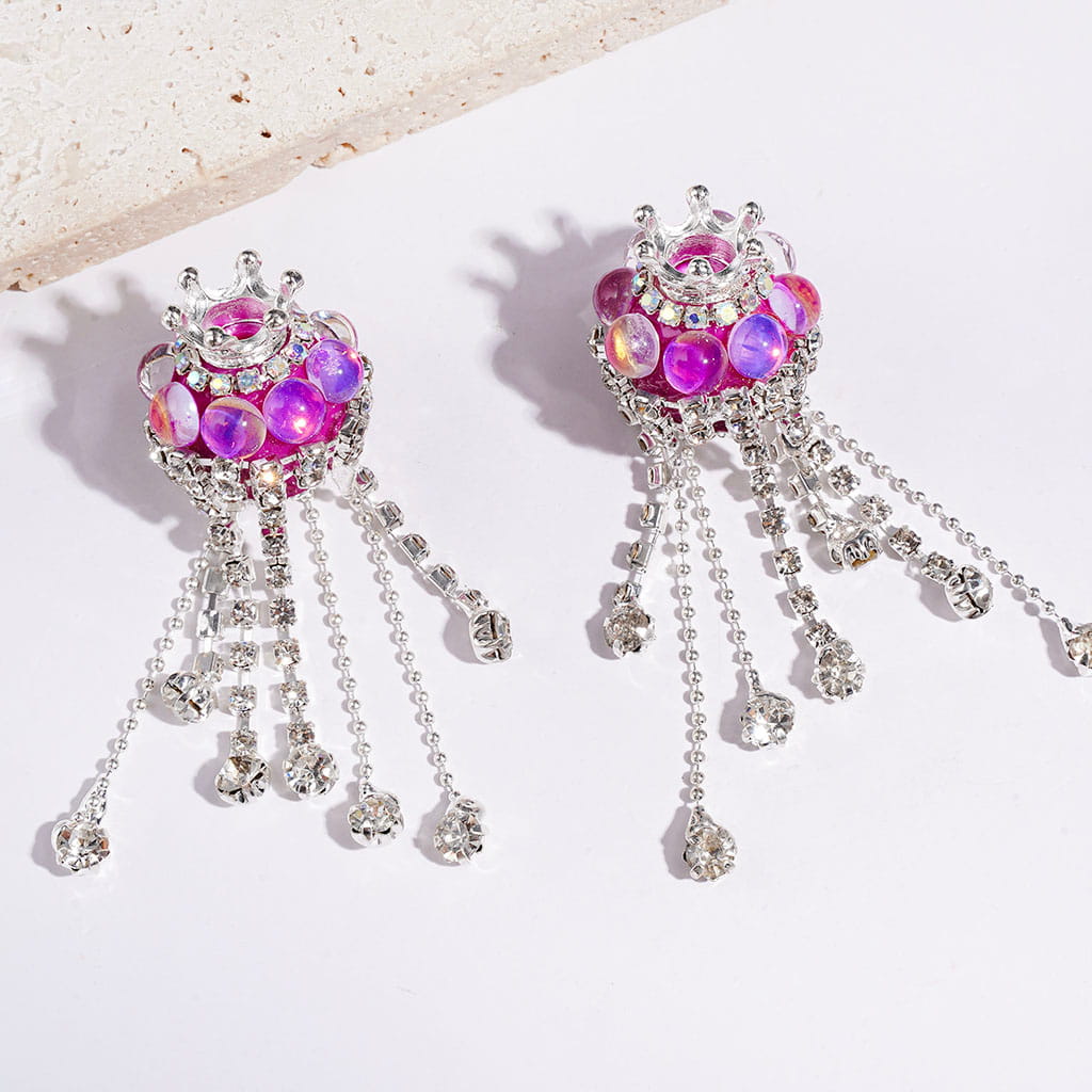 Handmade Acrylic Beads with Silver Metal Crown & Flower Base & Half-Shell Round, AB Rhinestone Chains & Clear Rhinestone Tassel, Multi-Color