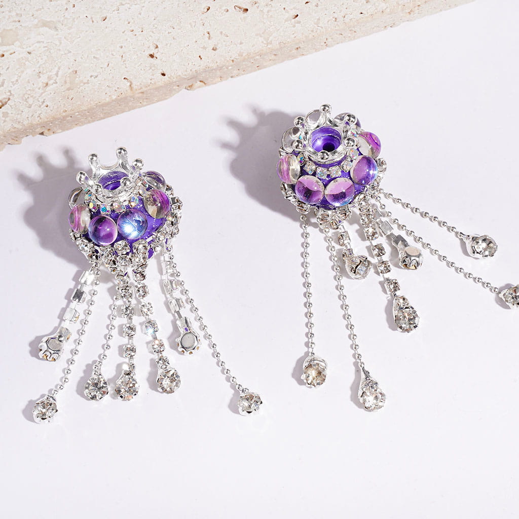 Handmade Acrylic Beads with Silver Metal Crown & Flower Base & Half-Shell Round, AB Rhinestone Chains & Clear Rhinestone Tassel, Multi-Color