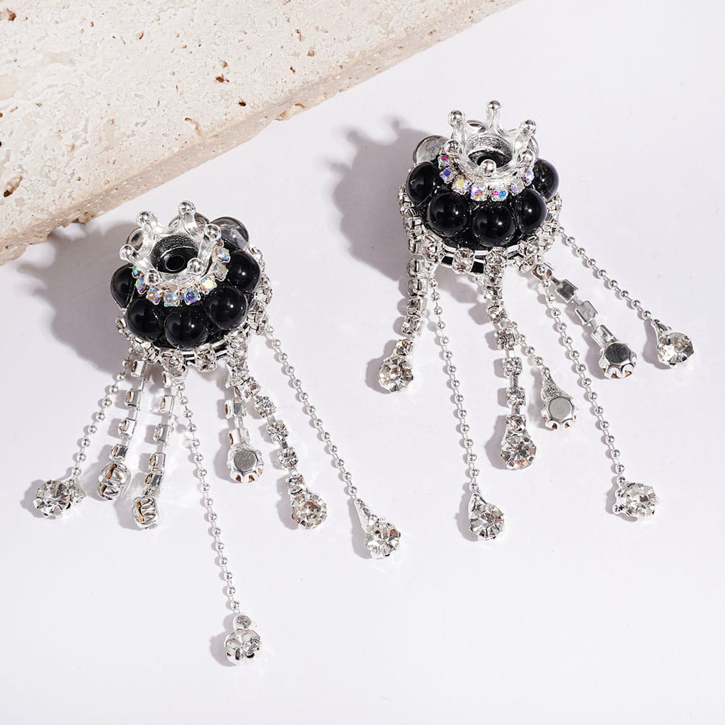 Handmade Acrylic Beads with Silver Metal Crown & Flower Base & Half-Shell Round, AB Rhinestone Chains & Clear Rhinestone Tassel, Multi-Color