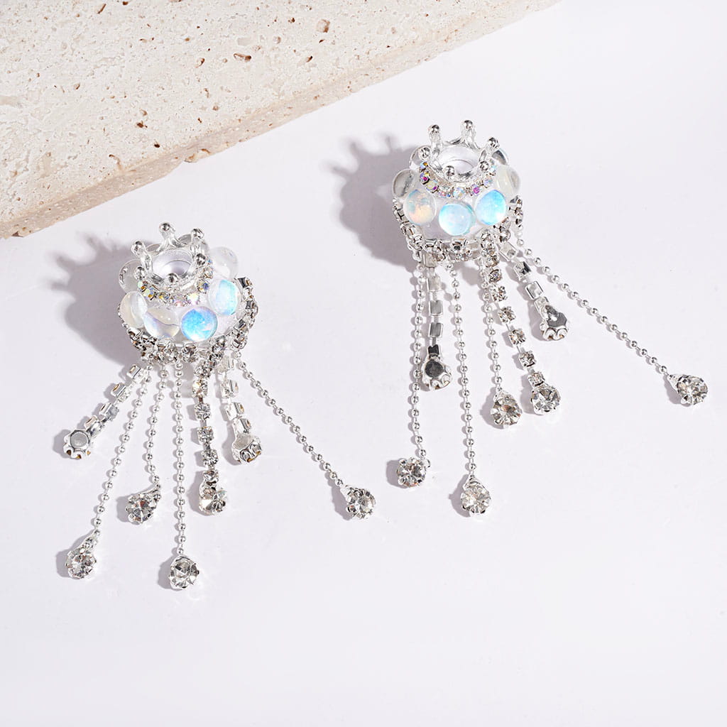 Handmade Acrylic Beads with Silver Metal Crown & Flower Base & Half-Shell Round, AB Rhinestone Chains & Clear Rhinestone Tassel, Multi-Color