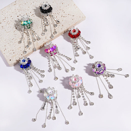 Handmade Acrylic Beads with Silver Metal Crown & Flower Base & Half-Shell Round, AB Rhinestone Chains & Clear Rhinestone Tassel, Multi-Color