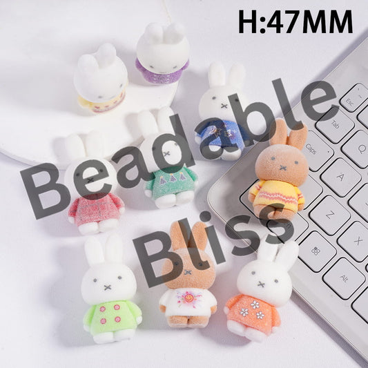 Classic White Bunny Figurine, can be also used as Acrylic Beads or Pen Topper, Flocked Fluffy, Height 47MM, Random Mix