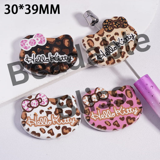 Acrylic Beads Cute Cat Character Head with Bowtie and Leopard Patterns, 30*39MM, Multi-Color, Random Mix
