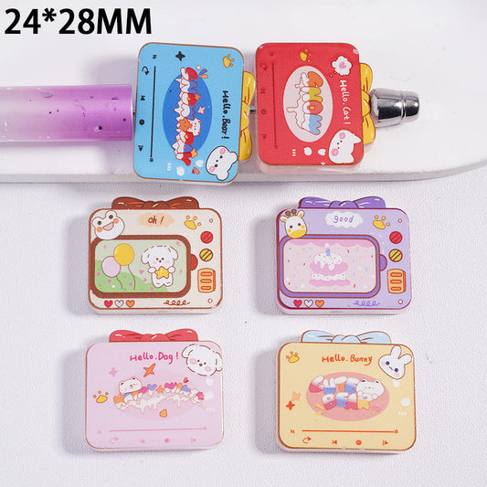 Acrylic Beads with Cute Animals Patterns Series in Television and Music Player Page, Gift Box Shape, 24*28MM, Random Mix