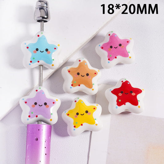 Acrylic Beads Five-Pointed Star with Smiling Expression, 18*20MM, Multi-Color, Random Mix