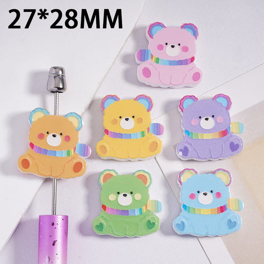 Acrylic Beads Plump Bear Series with Rainbow-Colored Scarf Sitting Gesture, 27*28MM, Random Mix