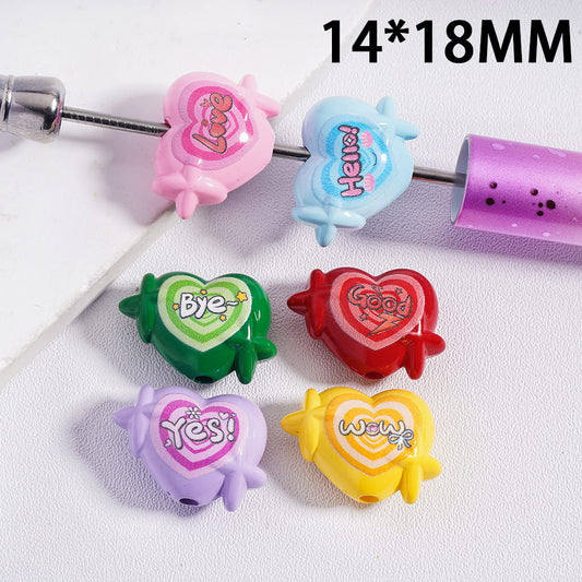 Acrylic Beads Heart Shape with Text, 14*18MM, Multi-Color, Random Mix