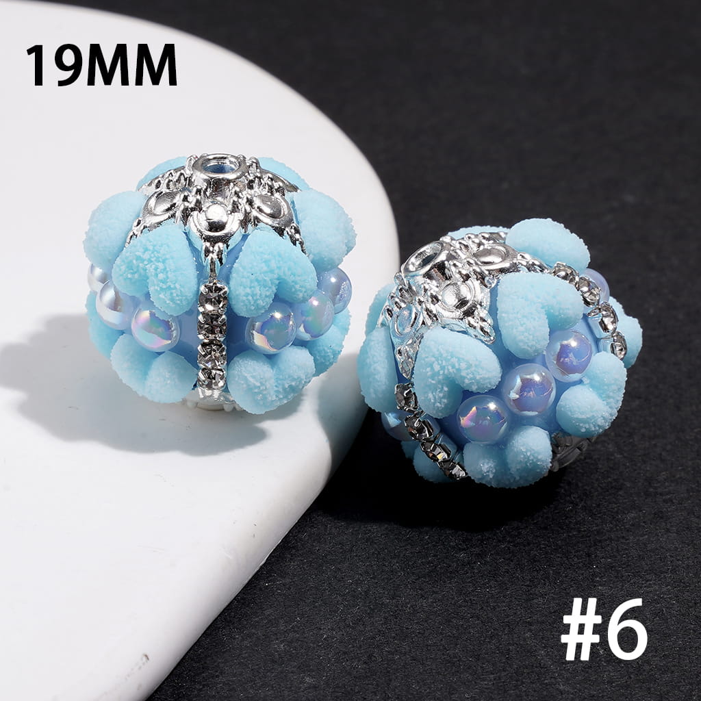 Hand-Made Acrylic Beads with Frosted Heart, Half-Pearls, Silver Metal Flower Cap & Rhinestone Chain, 19MM, Various Colors