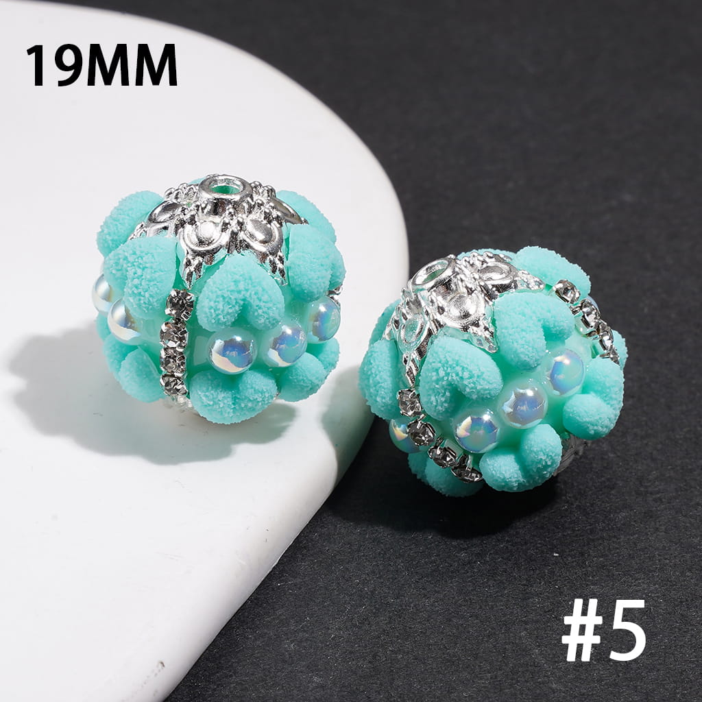 Hand-Made Acrylic Beads with Frosted Heart, Half-Pearls, Silver Metal Flower Cap & Rhinestone Chain, 19MM, Various Colors