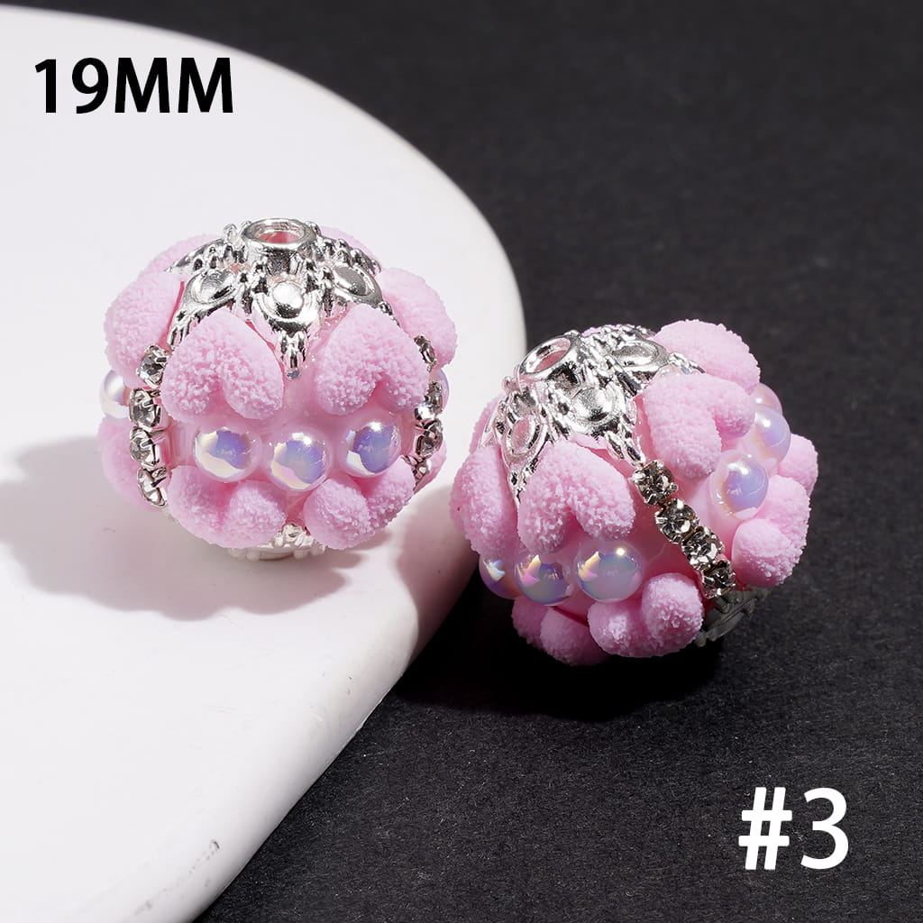 Hand-Made Acrylic Beads with Frosted Heart, Half-Pearls, Silver Metal Flower Cap & Rhinestone Chain, 19MM, Various Colors