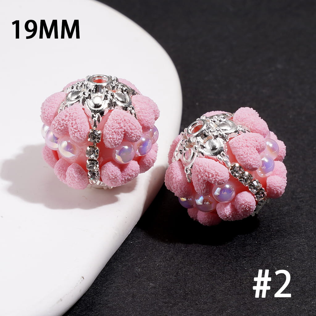 Hand-Made Acrylic Beads with Frosted Heart, Half-Pearls, Silver Metal Flower Cap & Rhinestone Chain, 19MM, Various Colors