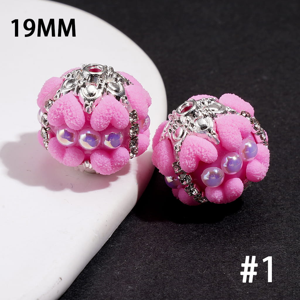 Hand-Made Acrylic Beads with Frosted Heart, Half-Pearls, Silver Metal Flower Cap & Rhinestone Chain, 19MM, Various Colors